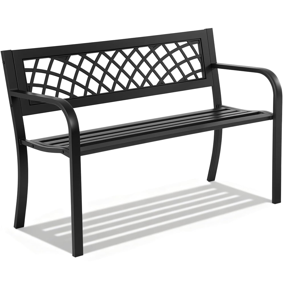 Metal Outdoor Garden Bench with Grid Pattern Backrest