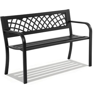 Metal Outdoor Garden Bench with Grid Pattern Backrest