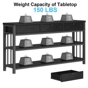 55-Inch Console Table with 3 Drawers and Open Shelves