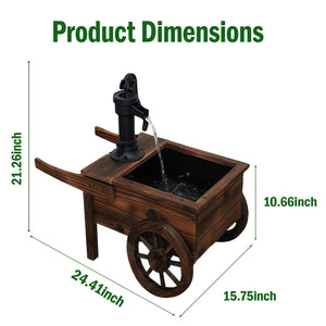 Solar-Powered Wood Outdoor Fountain with Hand Pump Cart Design