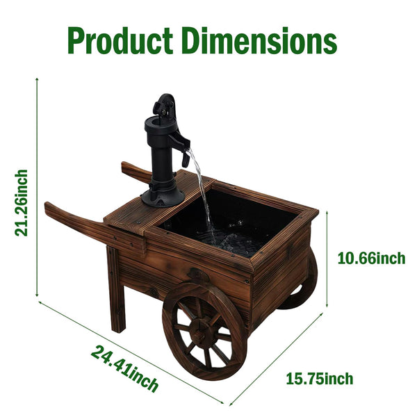 Solar-Powered Wood Outdoor Fountain with Hand Pump Cart Design