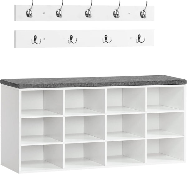 Entryway Shoe Storage Bench with Cushion & Coat Rack, 12 Cubbies, 330 lb Capacity