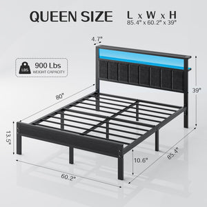 Queen Platform Bed Frame with LED Lights & Charging Station