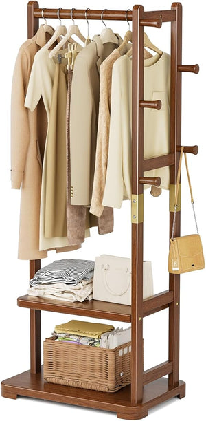 Solid Wood Coat Rack with 2 Shelves & 4 Hooks