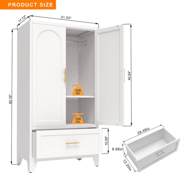 Metal Wardrobe Closet with Hanging Rod & Drawer