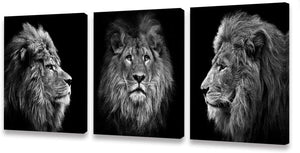 Black & White Lion Canvas Wall Art – 3 Piece Framed Set