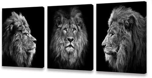 Black & White Lion Canvas Wall Art – 3 Piece Framed Set