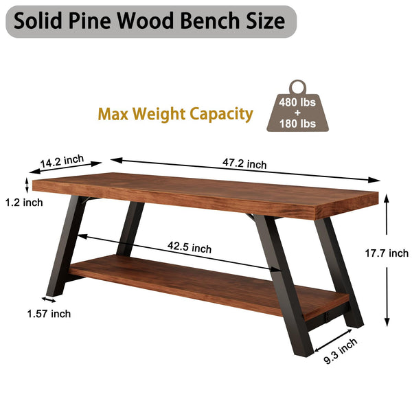 Rustic Wood Entryway Bench with Storage Shelf