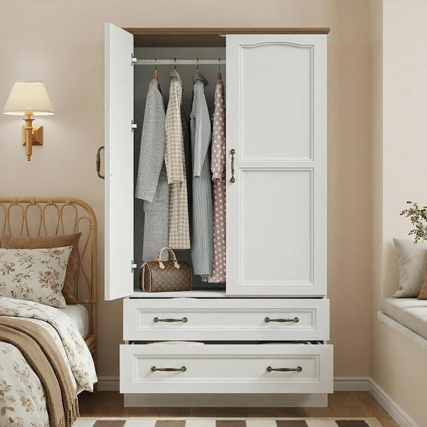 Farmhouse Armoire Wardrobe Closet with 2 Doors & 2 Drawers