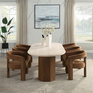Travertine Top Oval Dining Table with Dark Oak Base