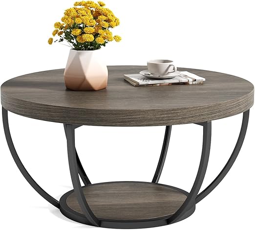 Round 2-Tier Coffee Table with Open Storage, 32 Inch