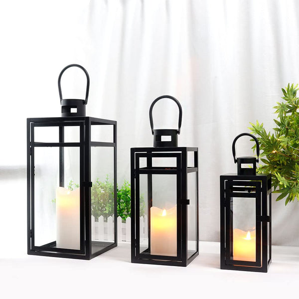 Metal Lantern Set of 3 – Assorted Sizes with Glass Panels