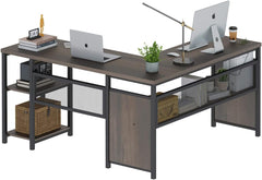 L-Shaped Computer Desk with Wood Shelves & Metal Legs, 59 Inch