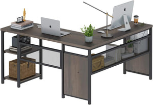 L-Shaped Computer Desk with Wood Shelves & Metal Legs, 59 Inch
