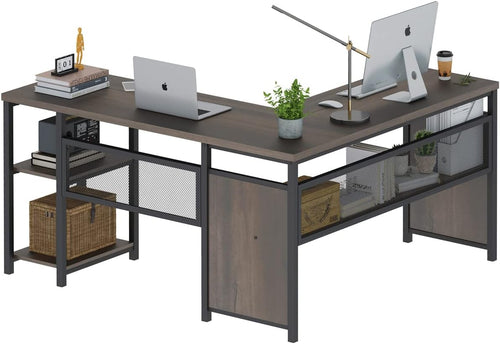 L-Shaped Computer Desk with Wood Shelves & Metal Legs, 59 Inch