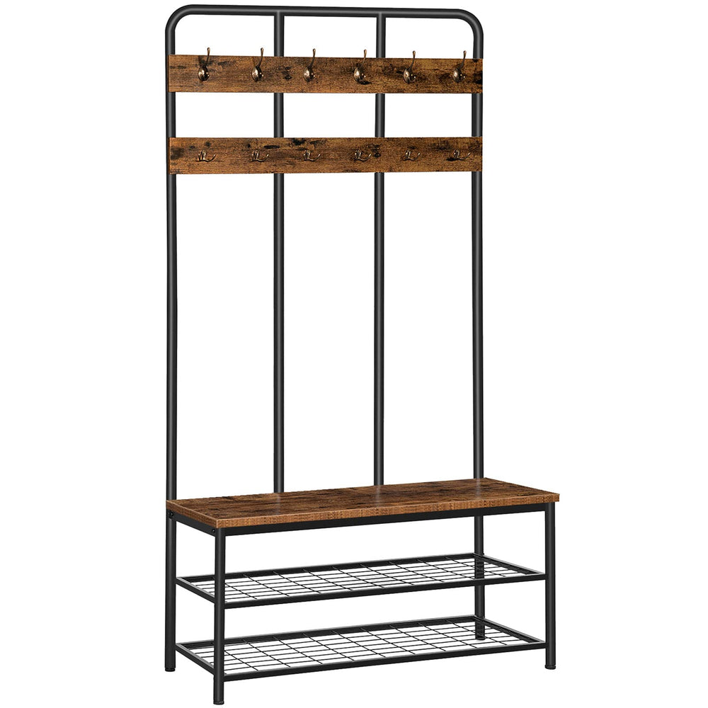 Industrial Hall Tree with Bench, 12 Hooks & Shoe Storage – 39.4"L x 14"W x 71.7"H