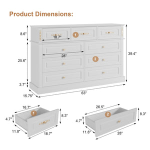 9-Drawer Dresser with Gold Knobs – Wide Bedroom Storage Chest