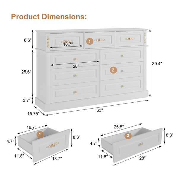 9-Drawer Dresser with Gold Knobs – Wide Bedroom Storage Chest