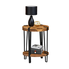 2-Tier Round Acacia Wood & Metal End Table with Bottom Shelf