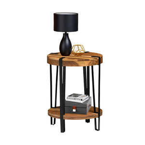2-Tier Round Acacia Wood & Metal End Table with Bottom Shelf