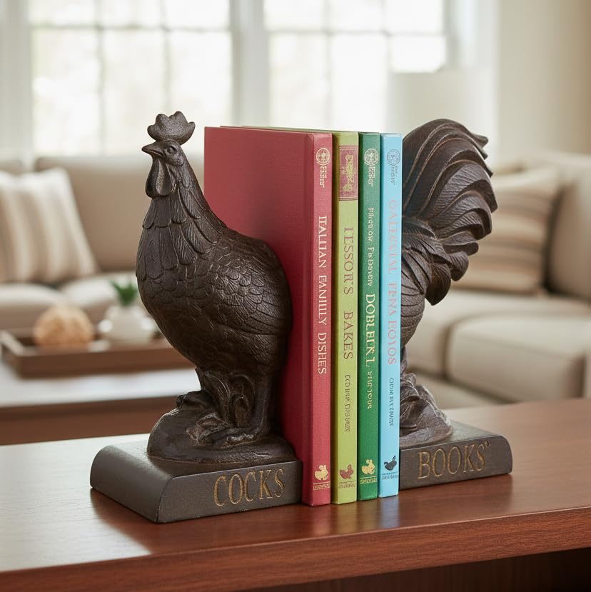 Comfy Hour 9.5 inches Height, Bronze Rooster Antique Vintage Figurine Style Bookends, Rustic Farmhouse Animal Statue Home Decor, Heavy Duty Book Stoppers Pair