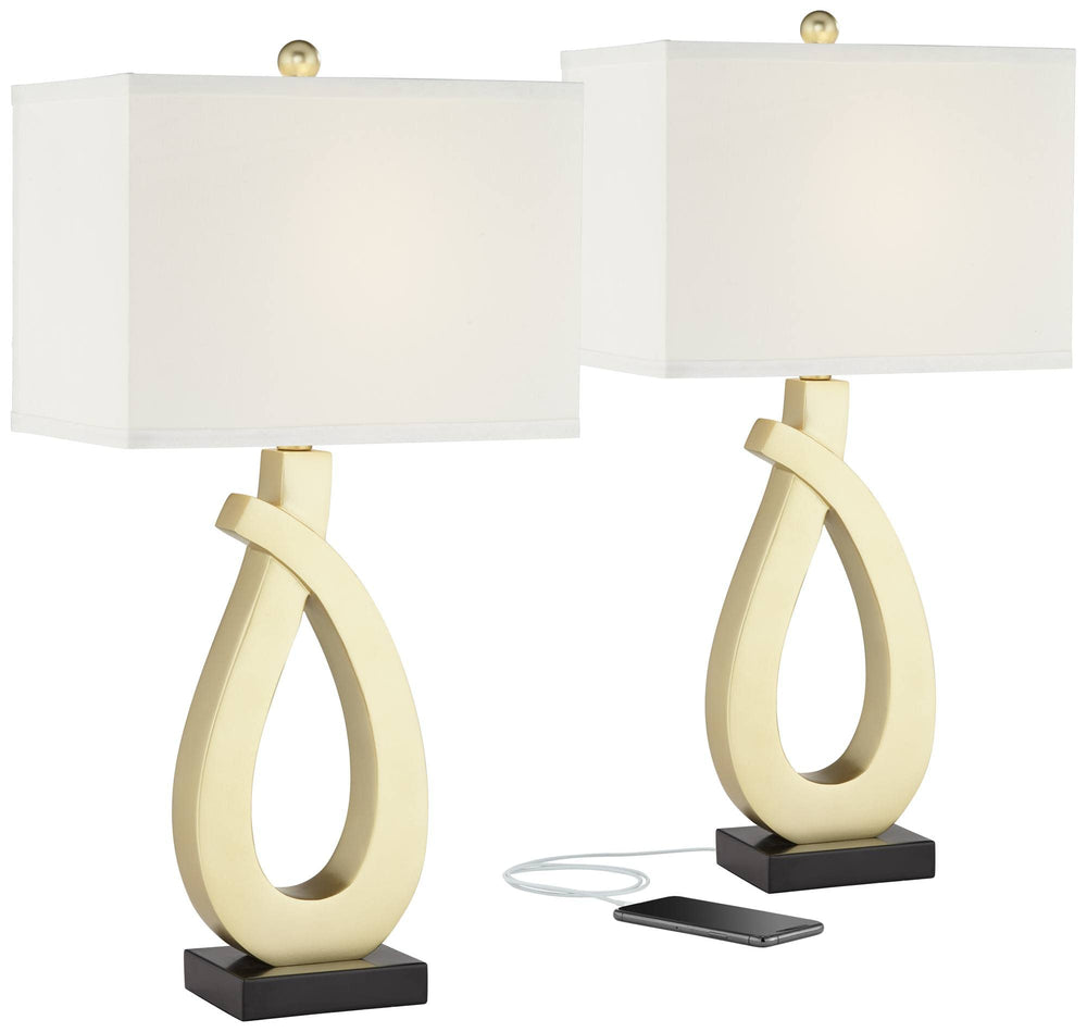 Gold USB Table Lamps Set of 2 with Rectangular Shade