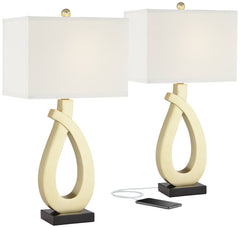 Gold USB Table Lamps Set of 2 with Rectangular Shade