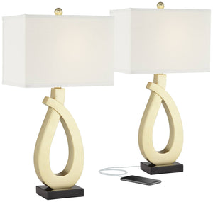 Gold USB Table Lamps Set of 2 with Rectangular Shade