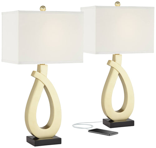 Gold USB Table Lamps Set of 2 with Rectangular Shade