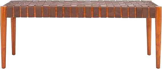 Woven Leather Accent Bench with Wood Frame
