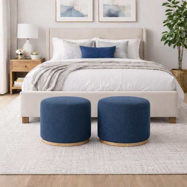 Round Upholstered Ottoman with Wood Base