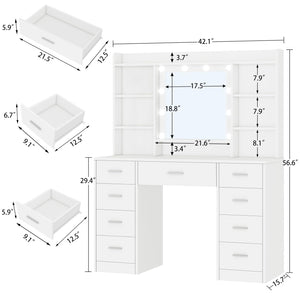 White Vanity Desk with Mirror, Lights & 9 Drawers