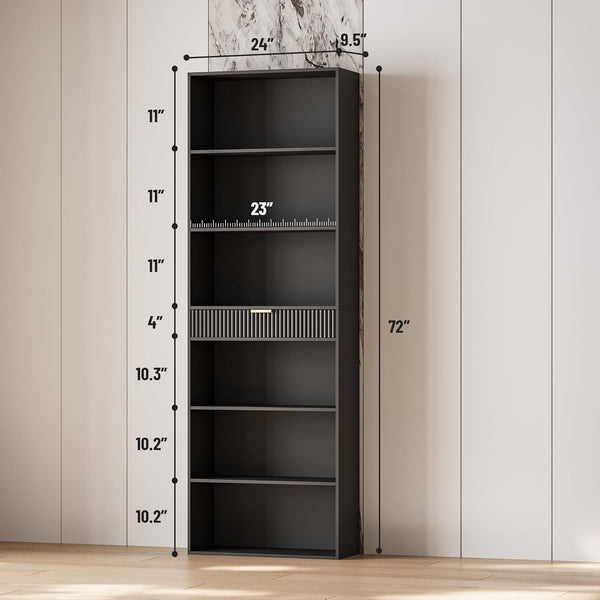 7-Tier Tall Bookcase with Drawer – Black