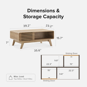 Mid-Century Fluted Coffee Table with 4-Compartment Storage & Tapered Legs