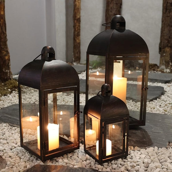 Decorative Candle Lanterns Set of 3 – Large Metal & Glass Outdoor Indoor Lanterns