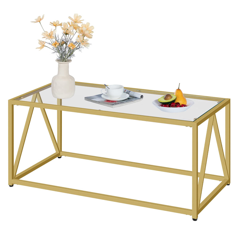 Glass Coffee Table with Gold Metal Frame
