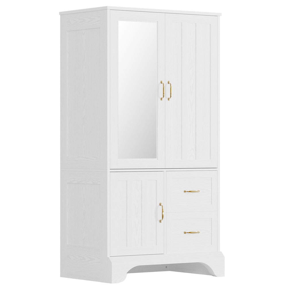 3-Door Wardrobe Armoire with Mirror, Hanging Rod & 2 Drawers – White