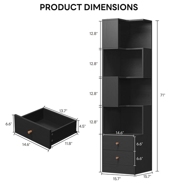 Corner Bookshelf with Drawers, 5-Tier, 70.87" Tall