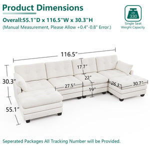 Modular U-Shaped Sectional Sofa with Movable Ottomans