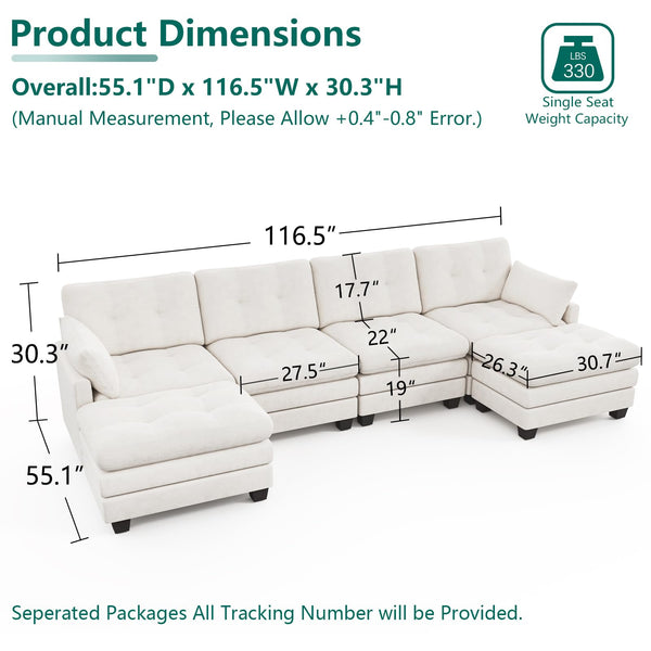 Modular U-Shaped Sectional Sofa with Movable Ottomans