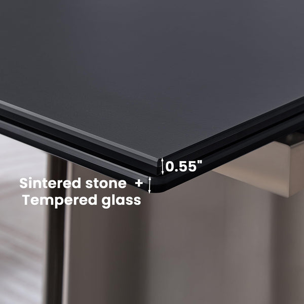 Extendable Dining Table for 8–12 Seats | Rock Plate & Tempered Glass Top | Stainless Steel Legs | Pure Black