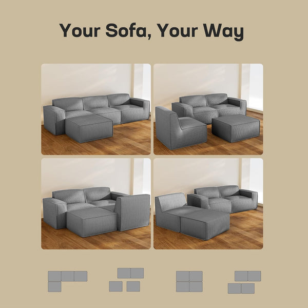 111" L-Shaped Modular Sectional Sofa – Grey Corduroy