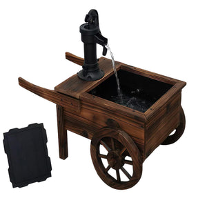 Solar-Powered Wood Outdoor Fountain with Hand Pump Cart Design