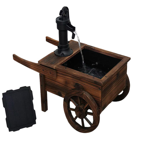 Solar-Powered Wood Outdoor Fountain with Hand Pump Cart Design