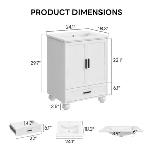 24" Bathroom Vanity with Ceramic Sink, 2 Doors, 1 Drawer & Solid Wood Legs – White