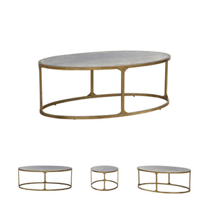 Oval Coffee Table – Tempered Glass Top, Faux Marble Finish, Antique Gold