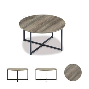 3-Piece Coffee & End Table Set – Round Top, Metal Frame, Wood Grain
