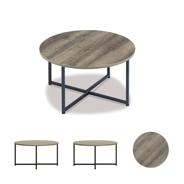 3-Piece Coffee & End Table Set – Round Top, Metal Frame, Wood Grain