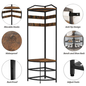 Corner Hall Tree with Shoe Bench & Coat Rack
