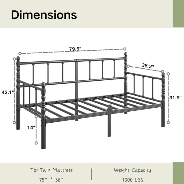 Twin Daybed Frame with Steel Slats, Metal Sofa Bed – Twin Size, Black